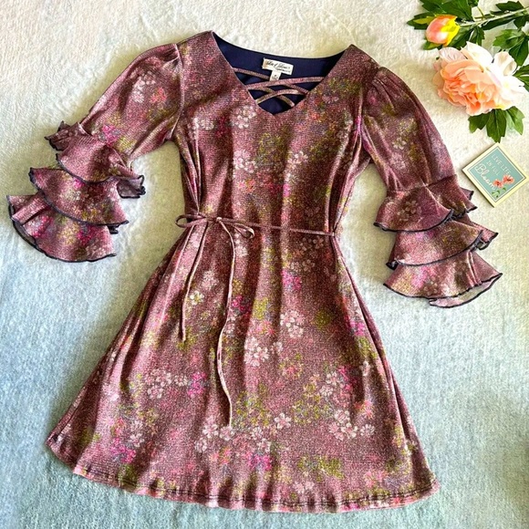 Lots of Love by Speechless Dresses & Skirts - Speechless Sz 8 Women’s Purple Floral Print Dress Glitter Knit Ruffle 3/4 Sleeve
